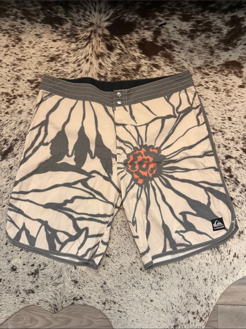 Quiksilver Beige Floral Swim Boardshorts with Orange Accent